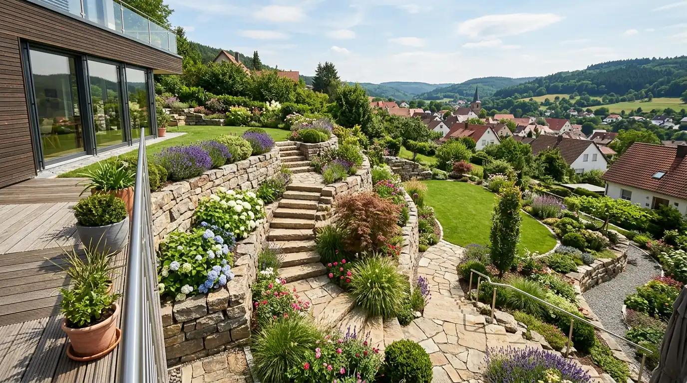 Gartenplanung auf Hanglage mit Naturstein – Gartenbau im Münsterland