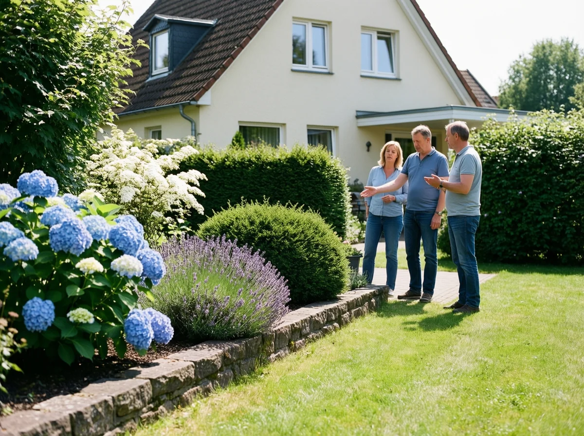 Beratung und Vermittlung im Garten – Gespräch zwischen Hausbesitzern und Fachberater