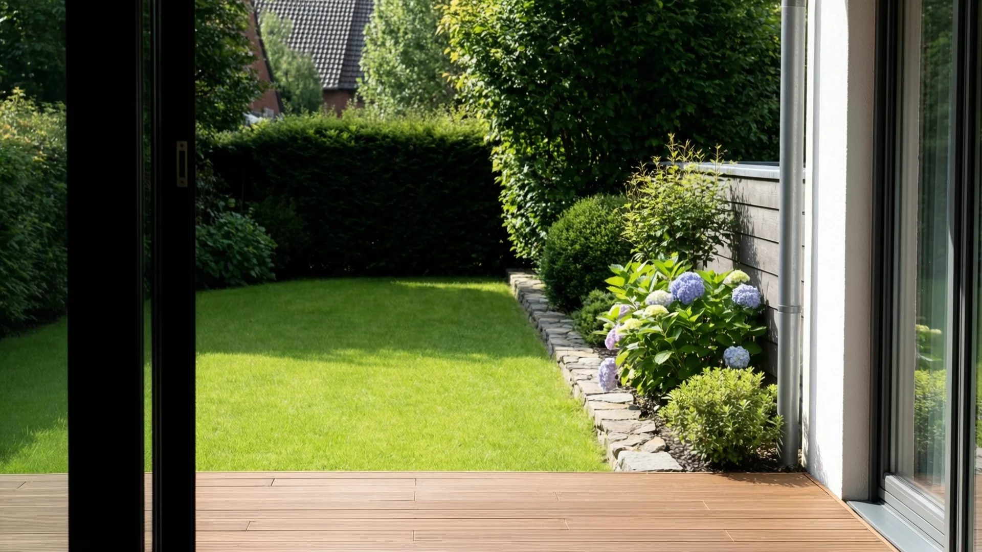 Gartenbau im Münsterland – Blick vom Haus in den professionell gestalteten Garten