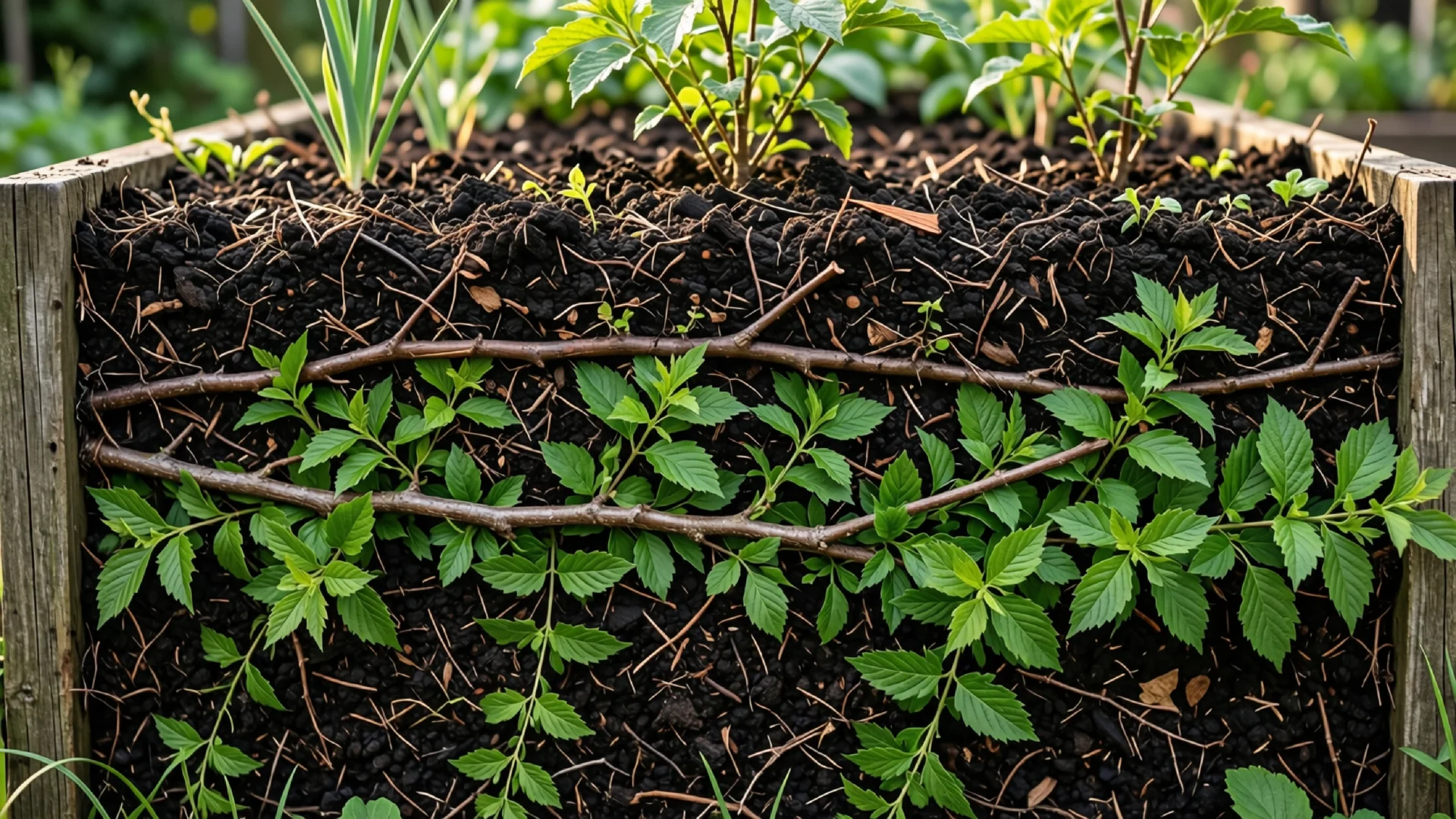 Schichtung im Hochbeet im Garten