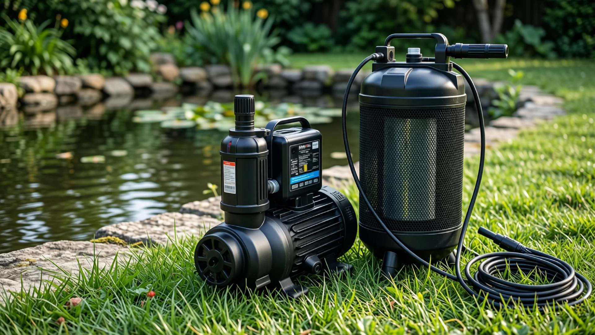 Teichpumpe und Filteranlage im Garten